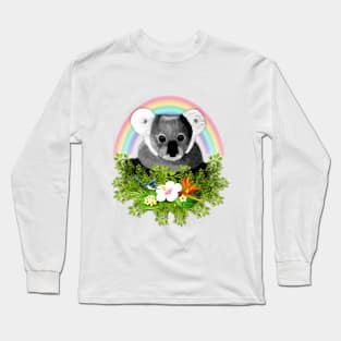 Cute Koala with Flowers, Rainbow and Hummingbird Long Sleeve T-Shirt